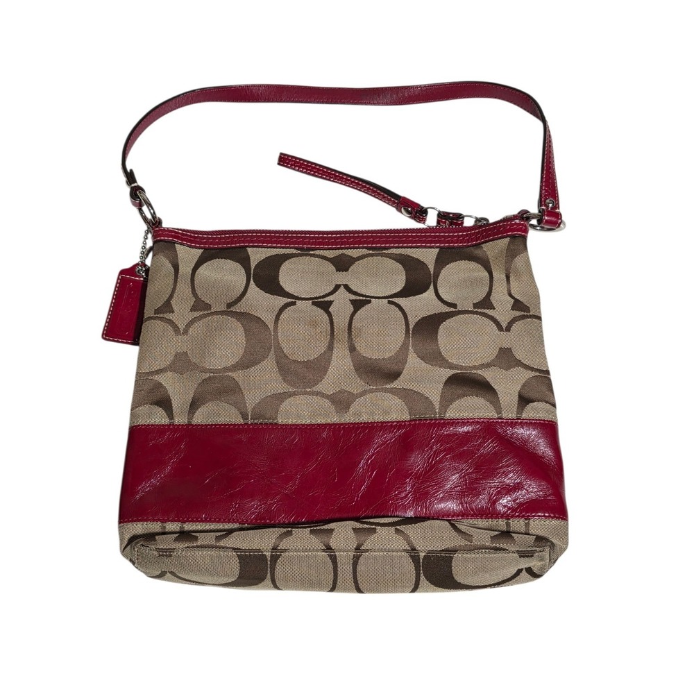 Coach Signature Canvas Shoulder Bag Red Leather Trim Zip Hobo Purse - Picture 3 of 10